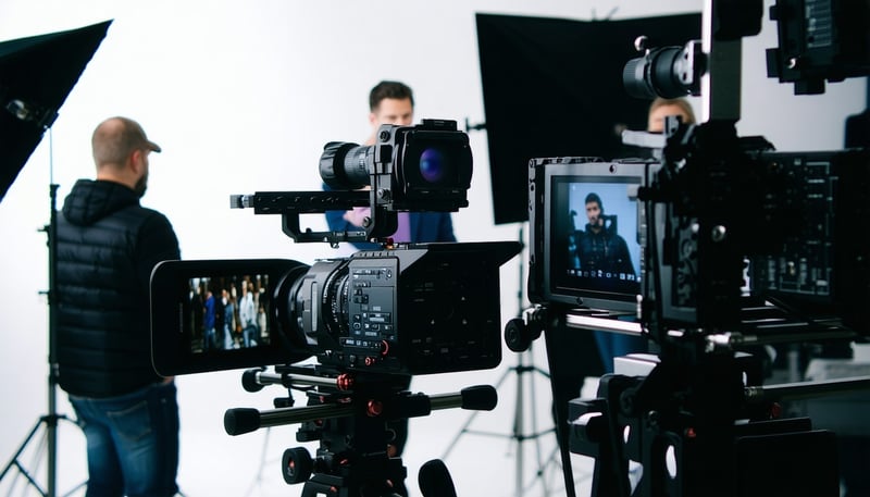 Film crew working on a video production set at Colossus Entertainment. Film crew working on a video production set at Colossus Entertainment.